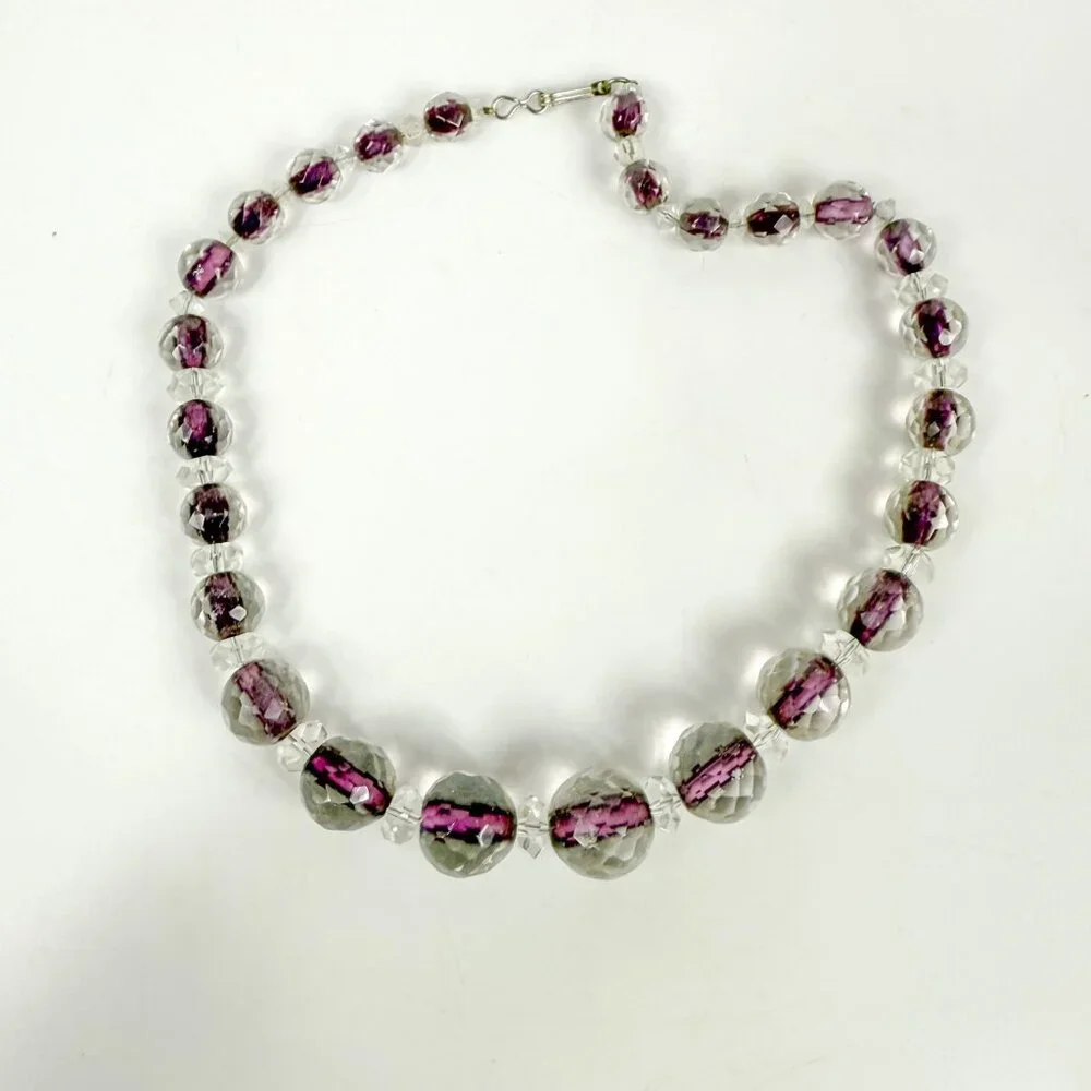 Purple Czech Cut Crystal Bead Necklace Faceted Graduated
